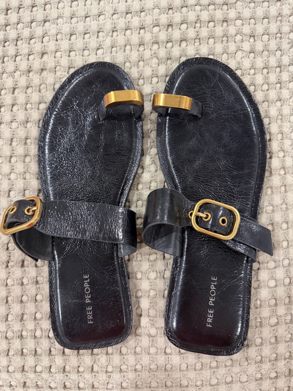 Free People Black Leather Slide Sandals with Gold Buckle Accents